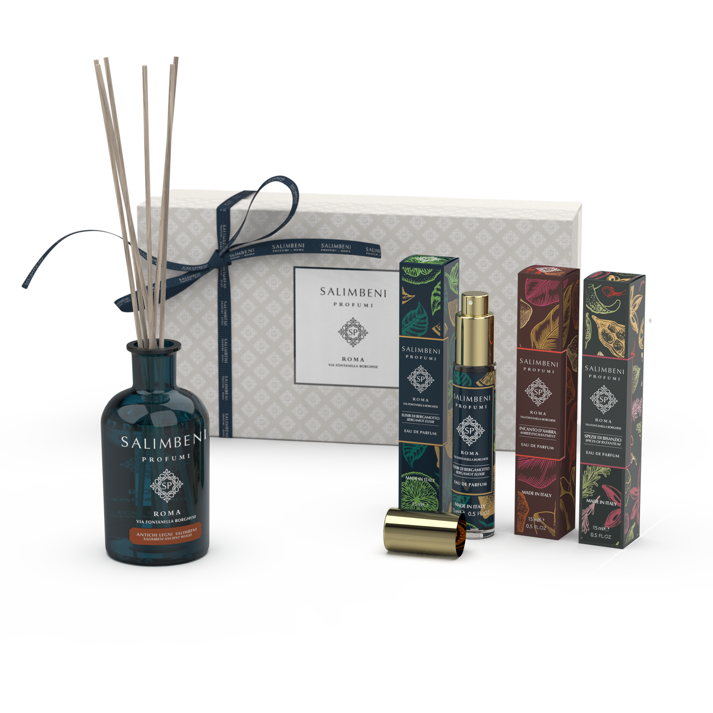 GIFT PACK 100 ML SALIMBENI ANCIENT WOOD STICK DIFFUSER + THREE 15 ML TRAVEL-SIZED EAU DE PARFUM (BERGAMOT ELIXIR, AMBER ENCHANTMENT, SPICES OF BYZANTIUM)