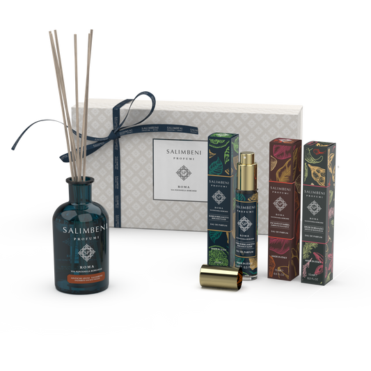 GIFT PACK 100 ML SALIMBENI ANCIENT WOOD STICK DIFFUSER + THREE 15 ML TRAVEL-SIZED EAU DE PARFUM (BERGAMOT ELIXIR, AMBER ENCHANTMENT, SPICES OF BYZANTIUM)